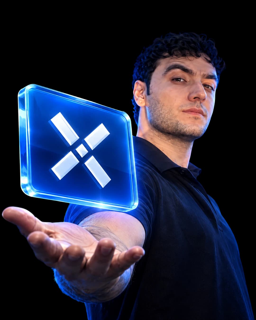 A DXL member holding out the Vertex mark as a glowing hologram